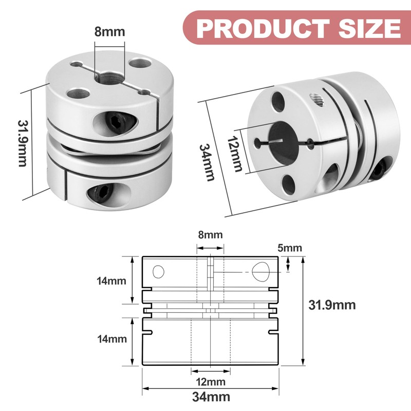 D34 L32 Flexible Diaphragm Motor Shaft Coupling 8mm Bore to