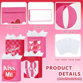 OFIHANLY 4 Pack 9" Small Size Valentine's Day Gift Bags with Handles for Women Her Pink Love Paper Gift Wrap Bags with Tissue Paper for Kids