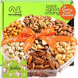 NUT CRAVINGS Gourmet Collection - Happy Birthday Treats, Nuts Gift Basket with Bday Ribbon (7 Assortments) Food Platter, Healthy Snack Care Package, Food Assortments