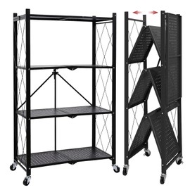 4-Tier Foldable Metal Storage Shelf with Wheels, 28.15" W x 15.55" D x 48.82" H , 750 Lbs Loading Capacity，Heavy Duty No Assembly Organizer Shelf for Pantry, Kitchen, Garage, Basement(black, 4-Tier)