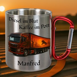 Personalisierte LKW Tasse aus Edelstahl | Geschenk für Fahrer | Edelstahltasse mit Name, Kaffeetasse, Metalltasse mit Wunschname | Werkstatt‑Kaffeebecher V17
