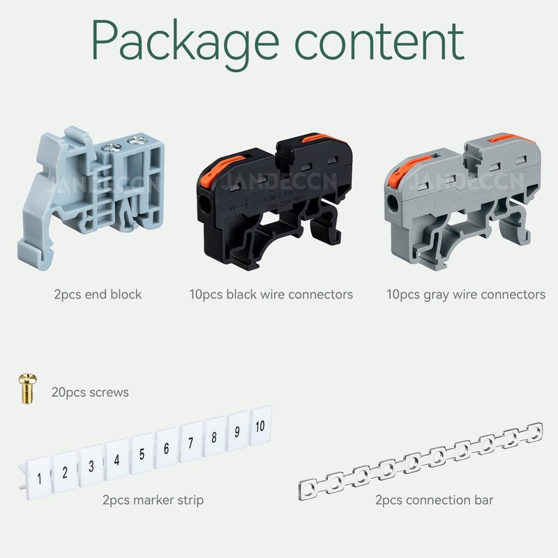 JANDECCN DIN Rail Terminal Blocks Kit, 20pcs Universal Compact Wire