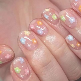 Hkanlre Press on Nails Flower Fake Nails Tips Full Cover Summer Short False Nails for Women and Girls 24PCS