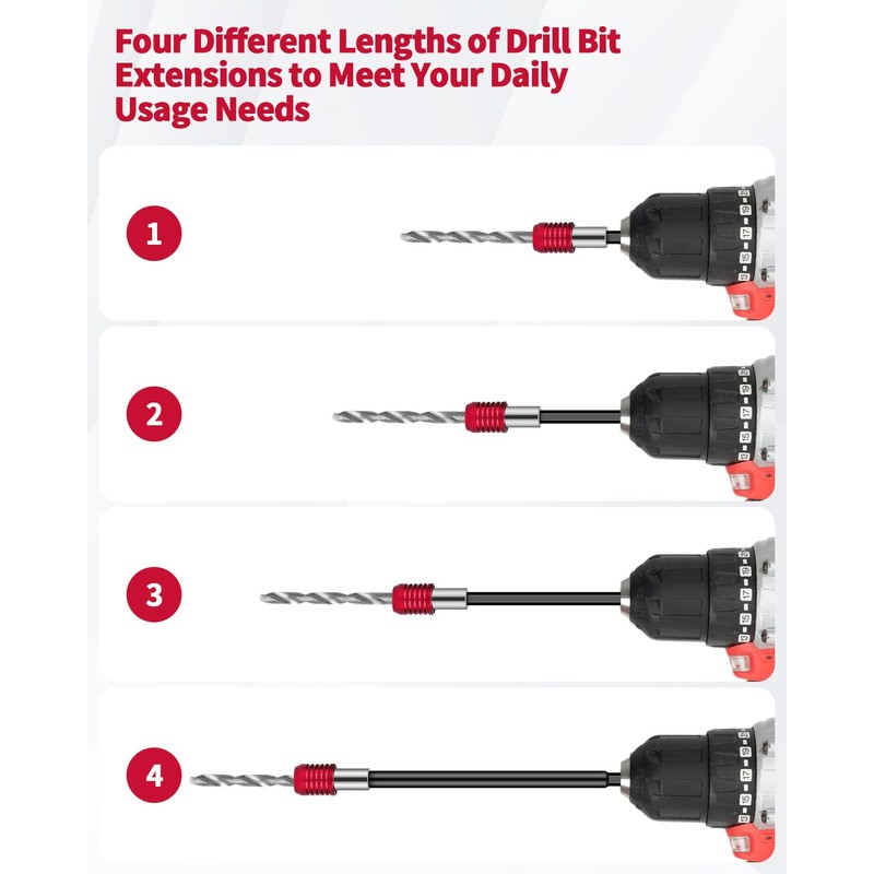 4 Pcs Red Drill Bit Extension Set, 1/4 Inch Magnetic