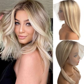 Ash Blonde Human hair Bob Wigs 13x4 Glueless Ombre Highlight Wig 12 Inch Pre Plucked with Baby Hair 613 Blonde Balayage 180% Density HD Transparent Lace Front Wig for White Women