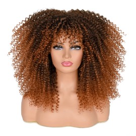 ISAMY Long Curly Wigs for Black Women Afro Bomb Curly Wig with Fringe Synthetic Fibre Glue-Free Long Afro Kinky Curly Hair (Ombre Brown)