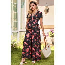 OUGES Maternity Maxi Dress Wrap V Neck Baby Shower Pregnancy Dresses for Photoshoot Summer Maternity Clothes 2025(Pink Floral Black,L)