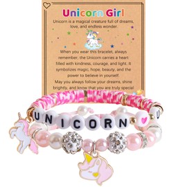 JIANZHEN Cute Unicorn Bracelet Stuff Set Adjustable Pink Pearl Beads and Clay Unicorn Charm Jewelry Christmas Birthday Gifts for Gir Daughter Granddaughter Best Friend Sister Niece