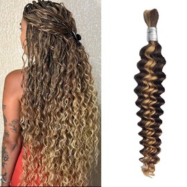 Human Braiding Hair For Boho Braids P4/27# Balayage 24 Inch 50g/1Bundle 12A Deep Wave Bulk Human Hair For Braiding No Weft Wet And Wavy Human Hair Extensions For Braids