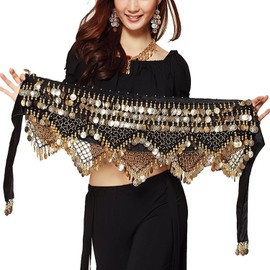 REINDEAR Women's Multi-Row Bellydance Hip Scarf With Gold Coins Skirts Wrap (Black)