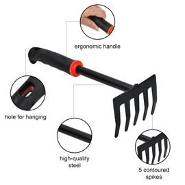 Steel Garden Rake with 5 Prongs - Small Rake for Garden, Balcony and Vegetable Garden - Ergonomic Handle for Garden Care - Working Width 9 cm