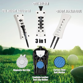 SANDIAN Golf Divot Tool, Tee Height Level Setter Adjuster, Ball Marker, Leather Holder, Genuine Carbon Fiber Made Pitchfork, Professional Repair Kit [White]