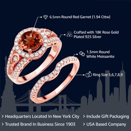 Gem Stone King 18K Rose Gold Plated Silver Red Garnet and White Moissanite Wedding Engagement Ring Band Bridal Set Ring For Women (1.94 Cttw, Gemstone Birthstone, Available In Size 5, 6, 7, 8, 9)