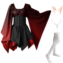 FMMOEK Women's Medieval Renaissance Dress Costume Fairy Irish Victorian Gothic Dress Vintage Cosplay Lace Up Corset Dress (3XL, redblack)