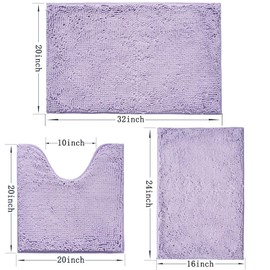 Bathroom Rugs Sets 3 Piece Non Slip,Bath Rugs with PVC Backing Bath Carpet,Bathroom Rug Washable,Absorbent,Plush Carpet Mats,Bath Mats for Bathroom,Bedroom, Kitchen,Tub,Home Decor (Lavender)