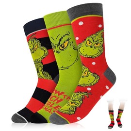 Christmas Socks, 3 Pairs of Grinch Cotton Socks, Colourful Patterned Christmas Socks, Funny Colourful Socks, Unisex Christmas Socks, Anime Pattern Socks, for Christmas, Birthday and Advent Calendar,