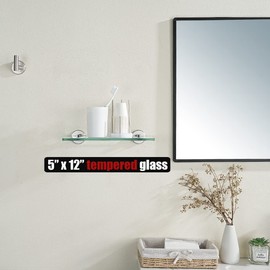 JQK Bathroom Glass Shelf, Tempered Glass Shower Storage 12 by 5 inches, 304 Stainless Steel Brushed Finish Wall Mount, TGS101L12-BN