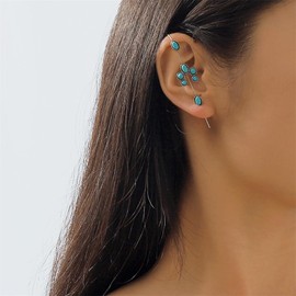 Turquoise Ear Wrap Crawler Hook Stud Earrings for Women Silver Plated Blue Birthstone Flower Long Bar Piercing Ear Cuffs Boho Statement Earrings Bohemian Indian Bollywood Wedding Birthday Christmas Jewelry Gifts (U Shaped)
