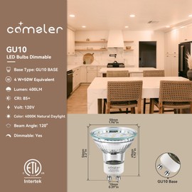 comzler GU10 LED Bulb Dimmable, 50W Halogen Equivalent GU10, 4000K Natural Daylight, GU10 Bulb Replacement for Track Lighting, MR16 GU10 Light Bulb LED 4W，120°Beam Angle 400LM 120V ETL Listed 12 Pack