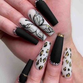 Outyua Punk Coffin Press on Nails Matte Extra Long Fake Nails Acrylic Designs Outfit False Nails 24pcs (Butterfly)