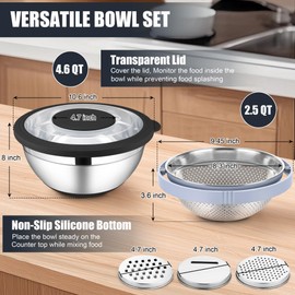 HaWare Mixing Bowl with Colander, 4-1 Stainless Steel Bowl Set with Lids & 3 Pcs Nesting Graters, Rotatable Food Strainer for Rinsing Fruits Vegetables, Non-Slip Bottom, Black