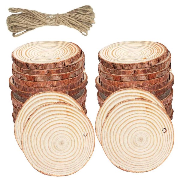 UOWAN 20 PCS Natural Wood Slices 6-7CM Round Wooden Discs Wood Log Slices Drilled Hole Unfinished Wooden Circles with 5 M Natural Jute Twine For DIY Crafts Wedding Decorations Christmas Ornaments