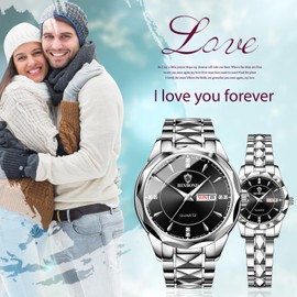 JewelryWe Couple Watches Gift Set: Romantic Pair His and Hers Wrist Watches Analog Quartz Dress Waterproof Luminous Calendar Casual Men Women Lovers Wedding Wristwatch