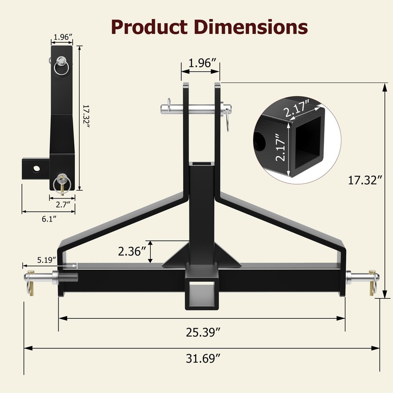 Heavy Duty 3 Point Quick Hitch 2" Receiver, Compatible with