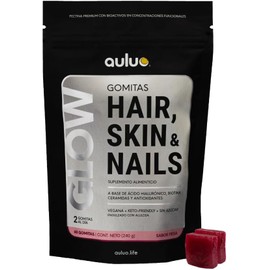 GLOW HAIR SKIN & NAILS Gomitas con Ácido Hialurónico, Biotina, Ceramidas y Antioxidantes para Piel, Cabello y Uñas Veganas, Sin Azúcar, Endulzado con alulosa 60 Gomitas de Pectina