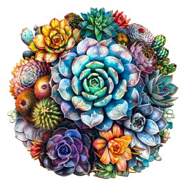 Jigfoxy Wooden Jigsaw Puzzles for Adults, Succulent Wooden Puzzle 300pcs, Unique Plants Shape Wood Puzzles, for Family Friend with wooden box(13.4 * 13.4in)