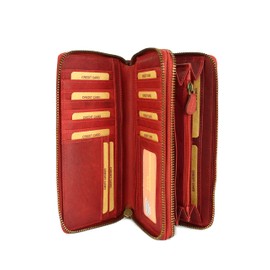 High-quality XXL vintage leather women's purse, long purse, purse organiser with extra many compartments, including RFID - 20 x 11 x 3.5 cm (W x H x D), Red Patterned, Vintage
