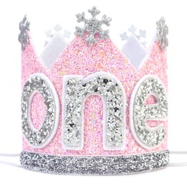 Agkvw Winter Onederland 1st Birthday Crown - Snowflake Birthday Crown for Baby Girls, Pink and Silver Glitter Birthday Hat, Winter Onederland Decorations Girl
