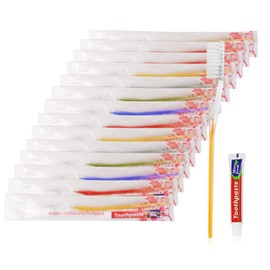 skourvut Disposable Toothbrushes with Toothpaste Individually Wrapped 5 Colors Bulk Toothbrush and Toothpaste 10g for Homeless,Shelter,Air Bnb/Hotel/Guest Apartment (50)