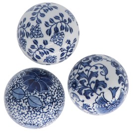 Kesywale Set of 3 Blue & White Porcelain Orbs Decorative Balls Ceramic Spheres for Centerpiece Bowl, Tray or Basket Decor 3 Inch Diameter (A)