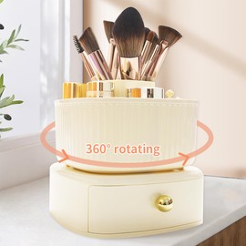 SerYogin Makeup Organiser with 360° Rotating Makeup Brush Holder,Makeup Brush Holder Organizer with Drawer Makeup Skincare Storage Box Organizer for Vanity Desktop 6.1" H x 6.1" W x 5.1" D