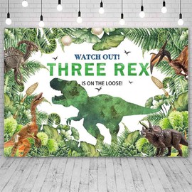 AIBIIN 7x5ft Three Rex Dinosaur Birthday Backdrop, Vinyl Material, Clear Color, Ideal for Photography & Party Decorations