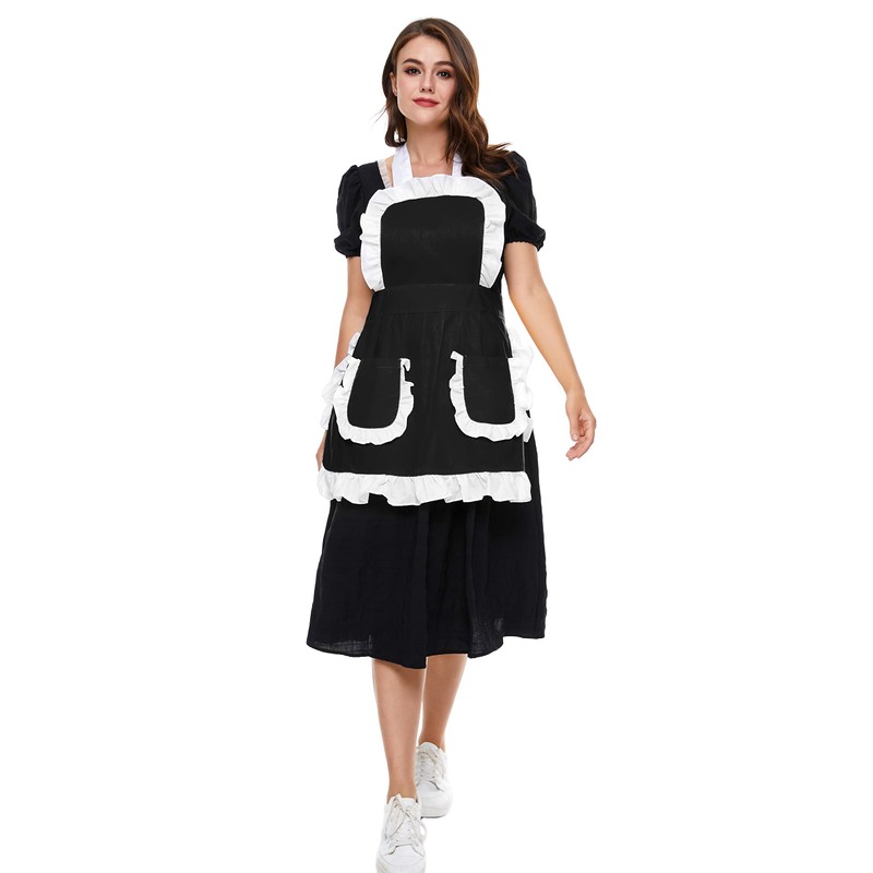 LilMents Women's Ruffles Outline Retro Pockets Apron Kitchen Cooking Cleaning