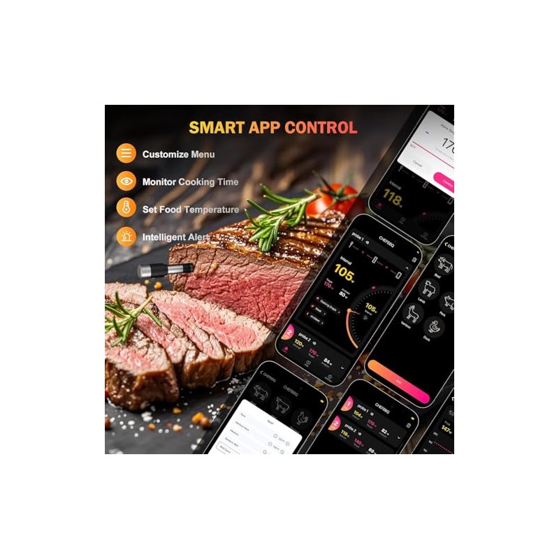 Termómetro de carne inalámbrico con 2 sondas, termómetro digital Bluetooth
