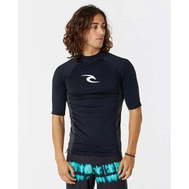 RIP CURL Mens Waves UPF Performance Short Sleeve Rash Vest Top - Black - UV Sun Protection and SPF Properties