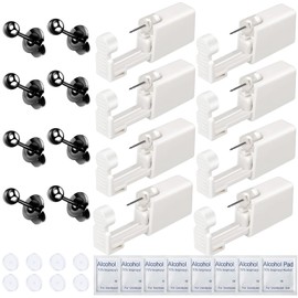 32 Pcs Ear Piercing Kit Disposable Ear Piercing Gun Kit with 8Pcs Self Ear Piercing Gun and 8Pcs Earrings Stud 8Pcs Alcohol Pads,8Pcs Clear Piercing Disc (313#-3mm Black)