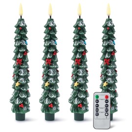 GQIRIL Christmas Tree Flameless Taper Candle - 4PCS Xmas Waxy Led Candle Stick with Remote and Timer, Christmas Tree Candlestick Light Flickering Decoration, 3D Wick Wax Candlelight for Fireplace