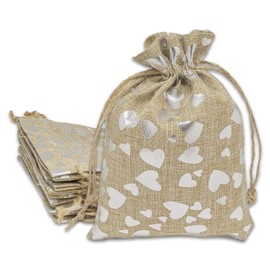 TheDisplayGuys - Paquete de 12 bolsas de regalo de lona de yute reutilizables de 4 x 6 con cordones (corazones plateados, pequeños), para regalos, recuerdos de fiesta, venta al por menor, muestras