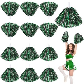 Riceshoot 12 Pcs Cheerleading Pom Poms Green Metallic Foil Plastic Pom Poms with Baton Handle Cheerleader Squad Spirited Fun Pompoms for Dancing Party Football Basketball Club Spirit Sport Performance