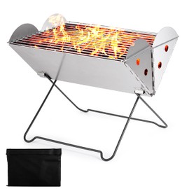 ZONETECH Portable Camping Stainless-Steel Grill and Fire Pit, Tabletop Charcoal Grill, Flatpack Foldable, Premium Quality, Versatile Use, Traveling BBQ Grill, Great for Camping, Hiking, Picnics