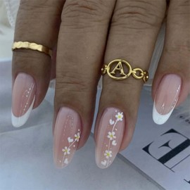 Pink Flower Press on Nails Almond French Tip Fake Nails Spring Floral False Nails with White Small Daisy Designs Medium Length Sparkling Acrylic Nails 24Pcs Glue on Nails for Women