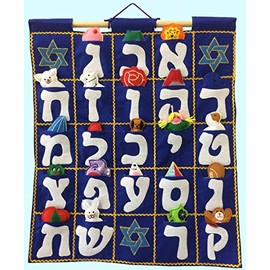 Pockets of Learning Aleph Bet Wall Hanging Chart - Blue | Interactive Hebrew Felt Wall Décor for Children | Jewish Fabric Alphabet Kid's Room Décor with Felt Toy Objects in the Pocket