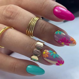 Flower Press on Nails Medium Almond False Nails Solid Colors Stick on Nails Colorful Floral Design Acrylic Coffin Nails Full Cover Almond Press Ones Artificial Nails Glossy Glue on Nails for Women