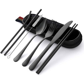 Hotype 8 Stück Bestecksets, Reise Camping-Besteck aus Edelstahl, Utensilien Set mit Tragbare Tasche, zum Reisen, Camping, Picknick, Home, Schule Lunch Etui, Schwarz