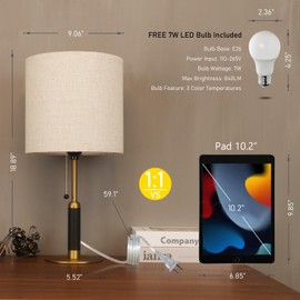 PSDSSHIIS 18.9" Bedside Table Lamp for Nightstand 3-Color Temperatures Living Room Lamp for Bedroom Wood Fabric Pull Chain Switch Small Desk Lamps Home Office End Table Room Decor (Light Brown+Brass)