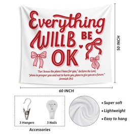 Evcprz Pink Coquette Bow Christian Tapestry, Bible Verse Wall Tapestries, Everything Will Be Okay Religious Scripture Wall Hanging Decor for Girls Bedroom Dorm Apartment Home, 50x60 Inch